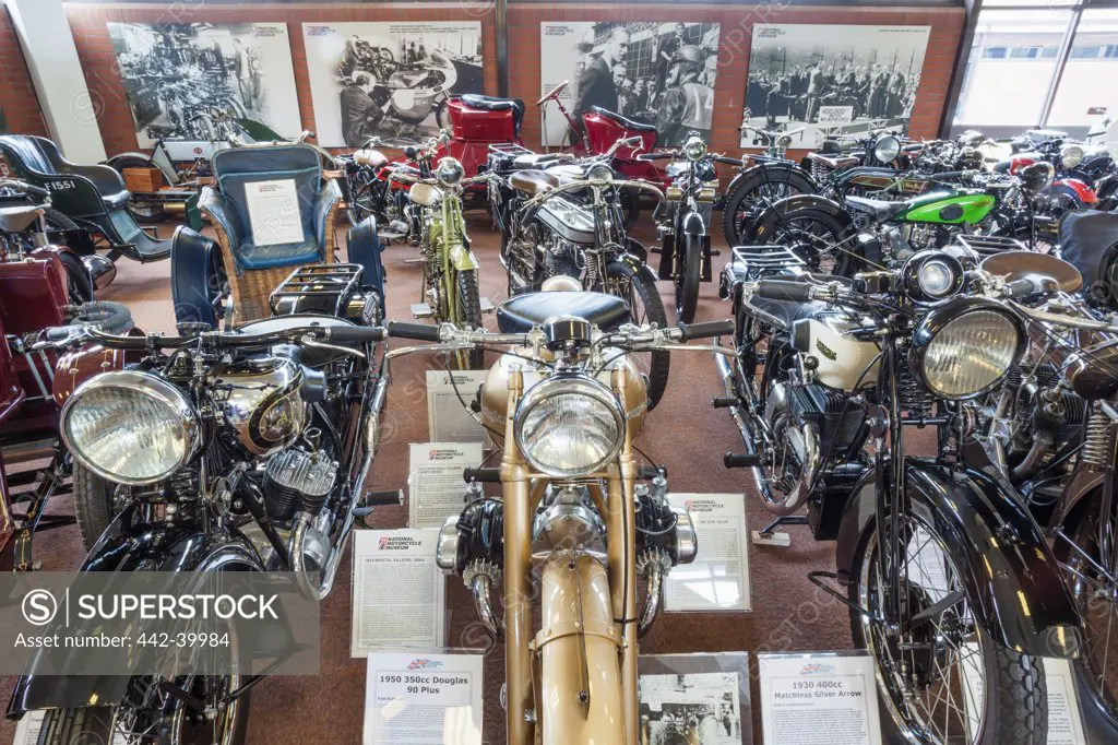 UK, England, West Midlands, Birmingham, Solihull, National Motorcycle Museum, Display of Vintage Motorcycles