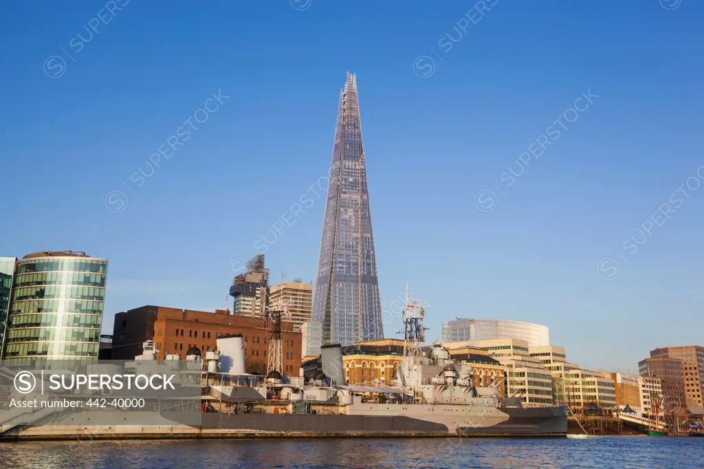 UK, England, London, London Bridge, HMS Belfast and The Shard