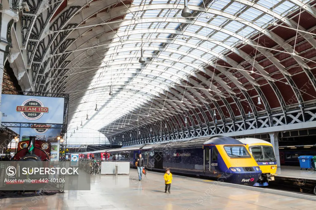 UK, England, London, Interior of Paddington Station with view of platforms and trains