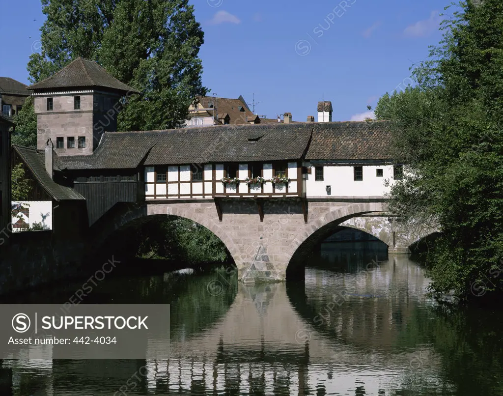 Covered bridge across a river, Pegnitz River, Nuremberg, Bavaria, Germany