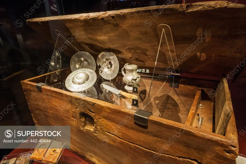 Display of objects recovered from The Mary Rose, Mary Rose Museum, Portsmouth Historic Dockyard, Portsmouth, Hampshire, England