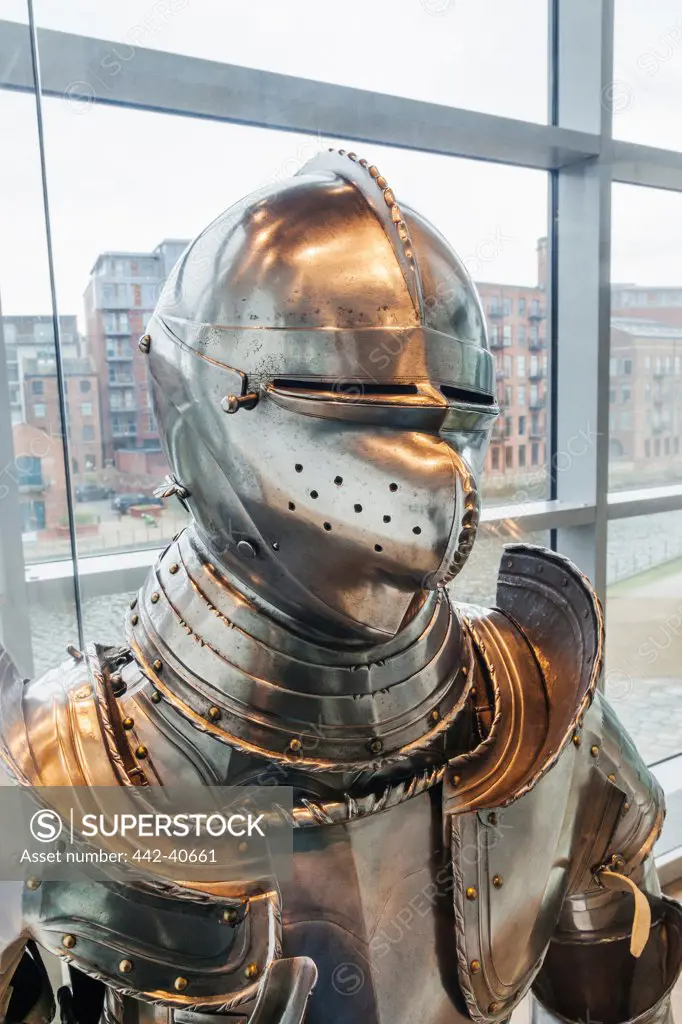 Close-up of a medieval helmet in a museum, Royal Armouries Museum, Leeds, West Yorkshire, England