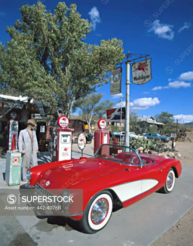 Car at a gas station, 1957 Chevrolet Corvette, Hackberry, Arizona, USA