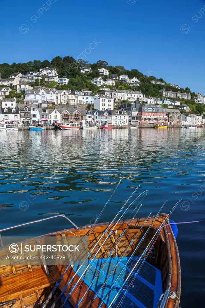 Fishing rods on the boat in the river, Looe, Cornwall, England