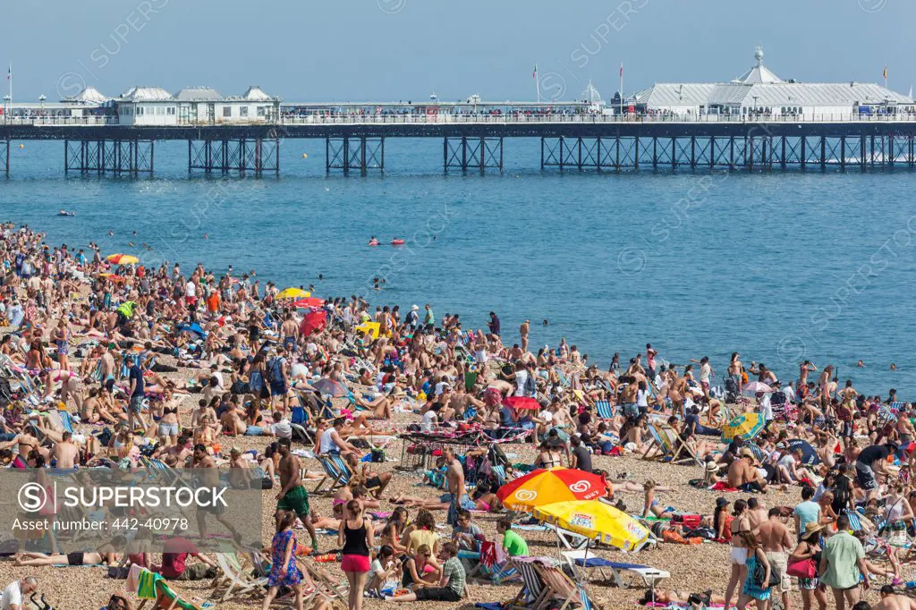 Tourists on the beach with Palace Pier in background, Brighton Beach, Brighton, East Sussex, England