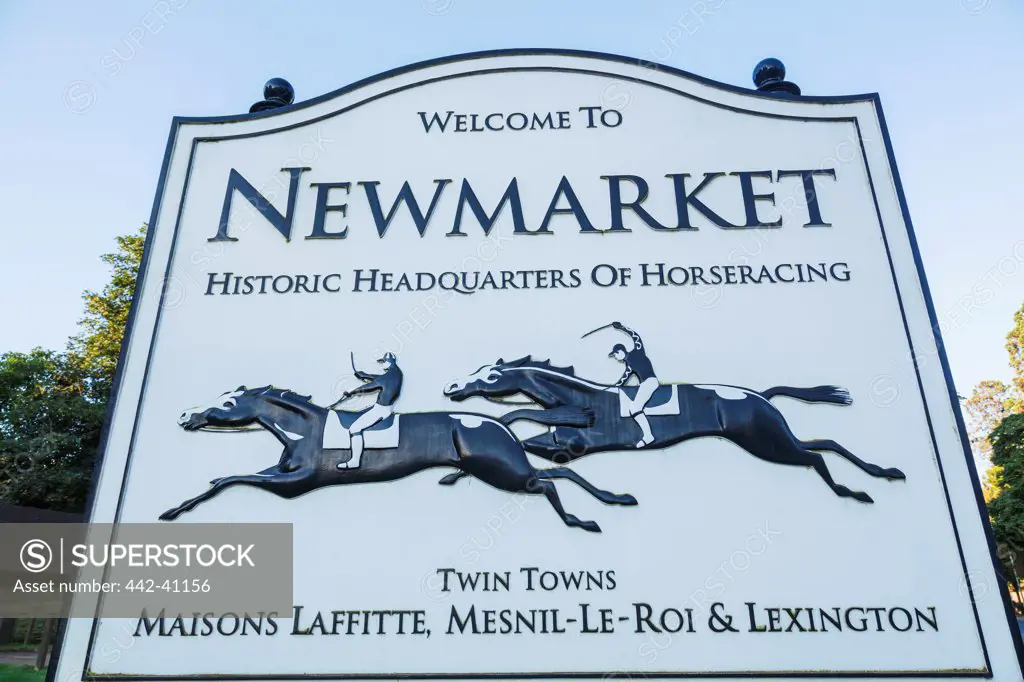 Low angle view of a sign board, Newmarket, Suffolk, East Anglia, England