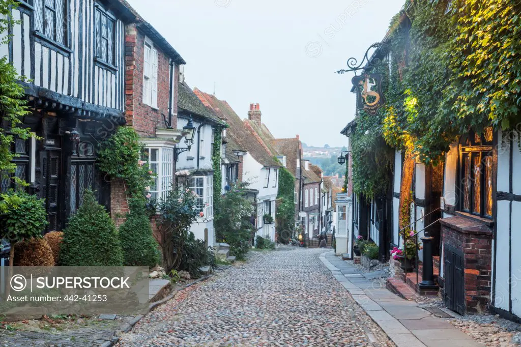 Houses along the street, Mermaid Street, Rye, East Sussex, England