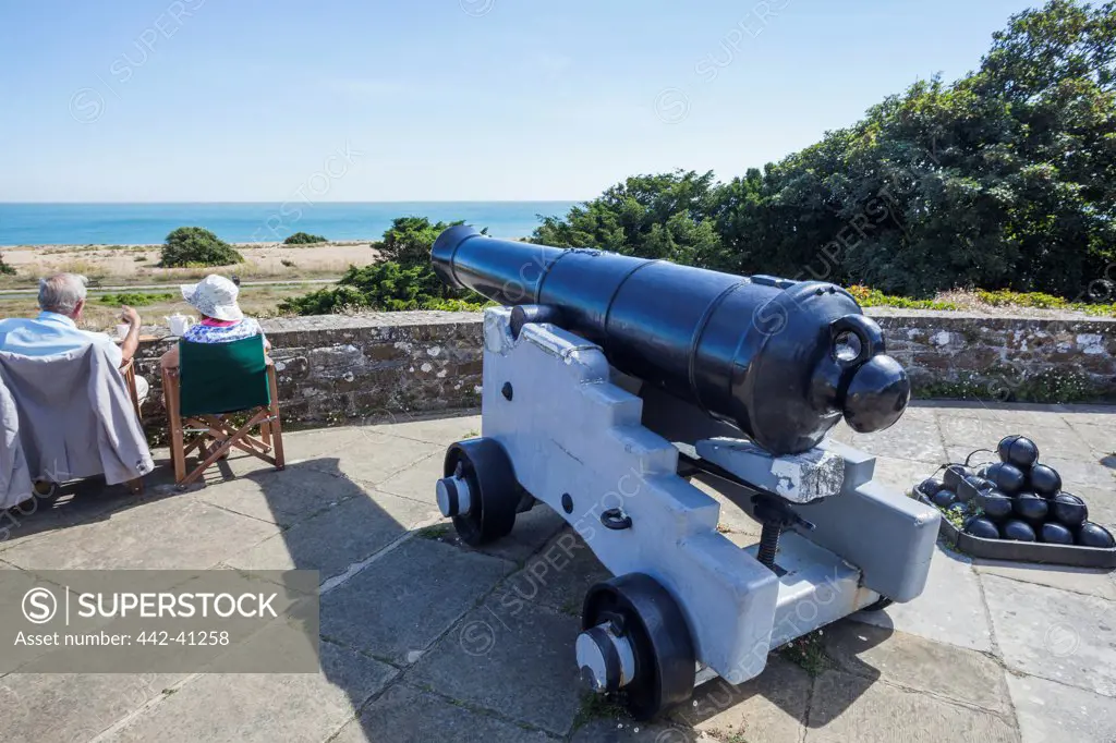 Cannon on the terrace of a castle, Walmer Castle, Walmer, Deal, Kent, England