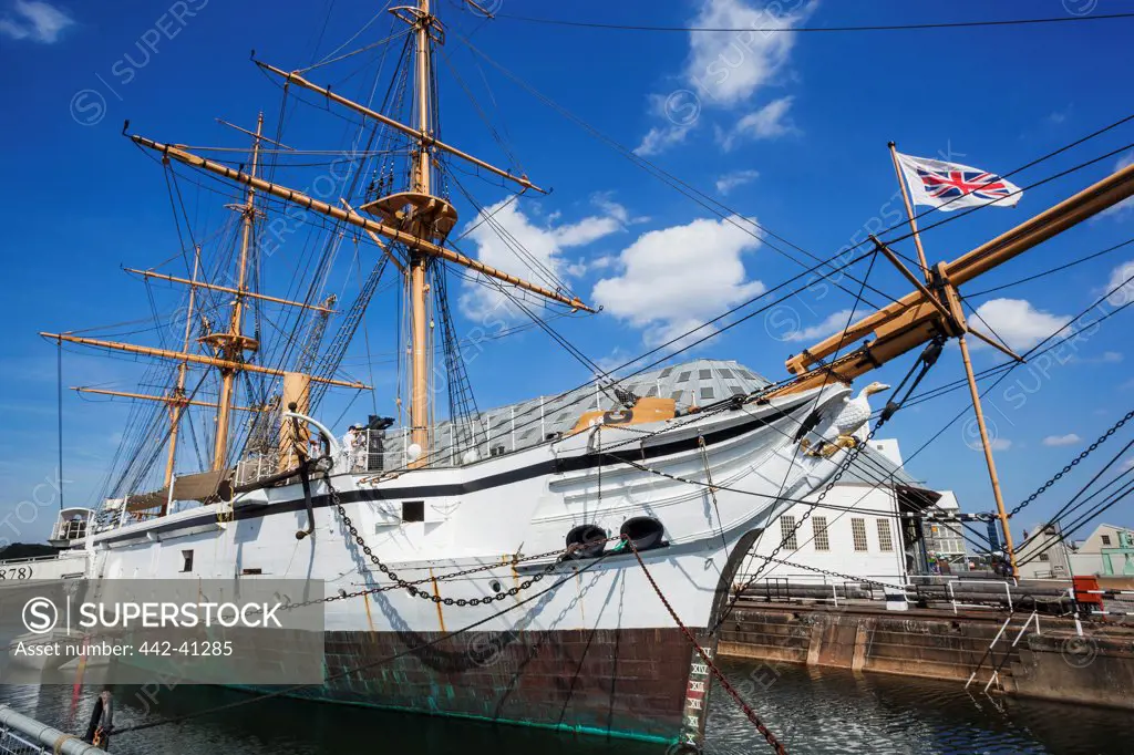 HMS Gannet warship docked at a dockyard, Chatham Historic Dockyard, Chatham, Rochester, Kent, England