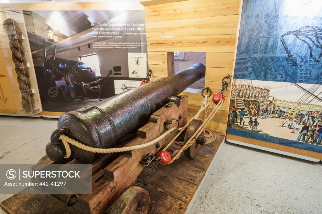 Display of cannon and rope at a museum, Chatham Historic Dockyard, Chatham, Rochester, Kent, England