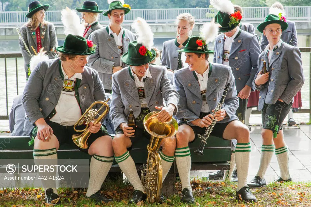 Group of people dressed in Bavarian costume, Oktoberfest, Munich, Bavaria, Germany