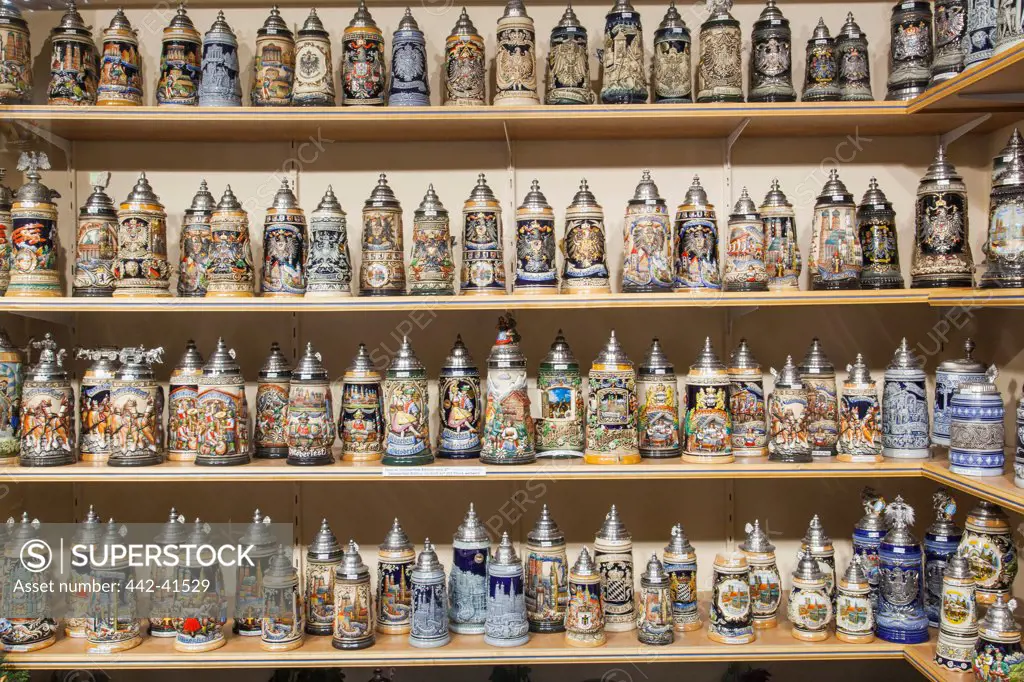 Display of beer steins in a souvenir shop, Munich, Bavaria, Germany