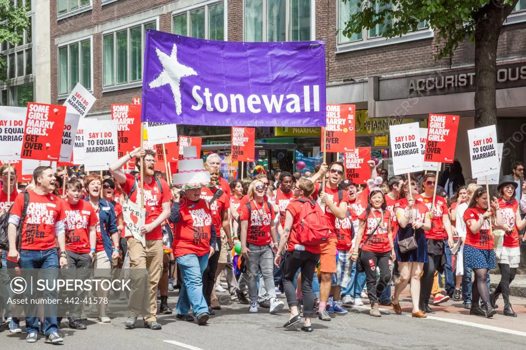 Participants parading in support of Stonewall the Gay Rights Organization, Annual Gay Pride Parade, London, England