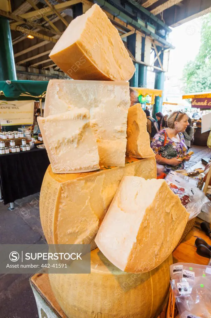 Cheese stall display, Borough Market, Southwark, London, England