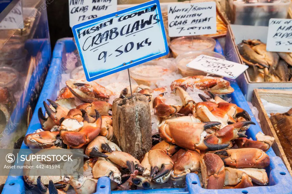 Display of crab claws at fish stall, Borough Market, Southwark, London, England