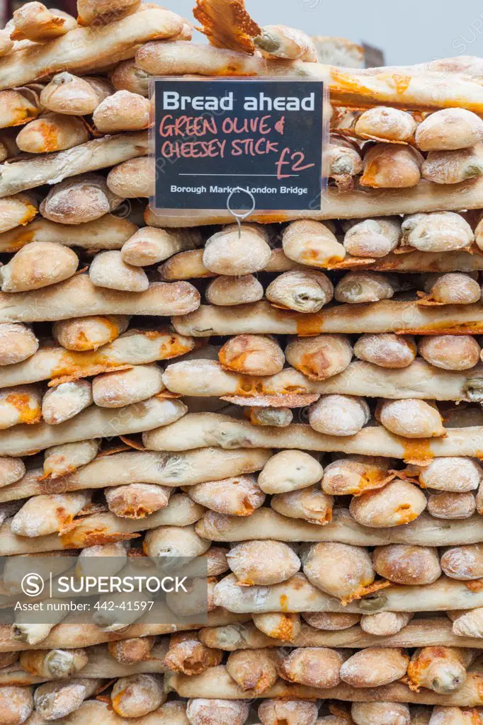 Bread shop display, Borough Market, Southwark, London, England