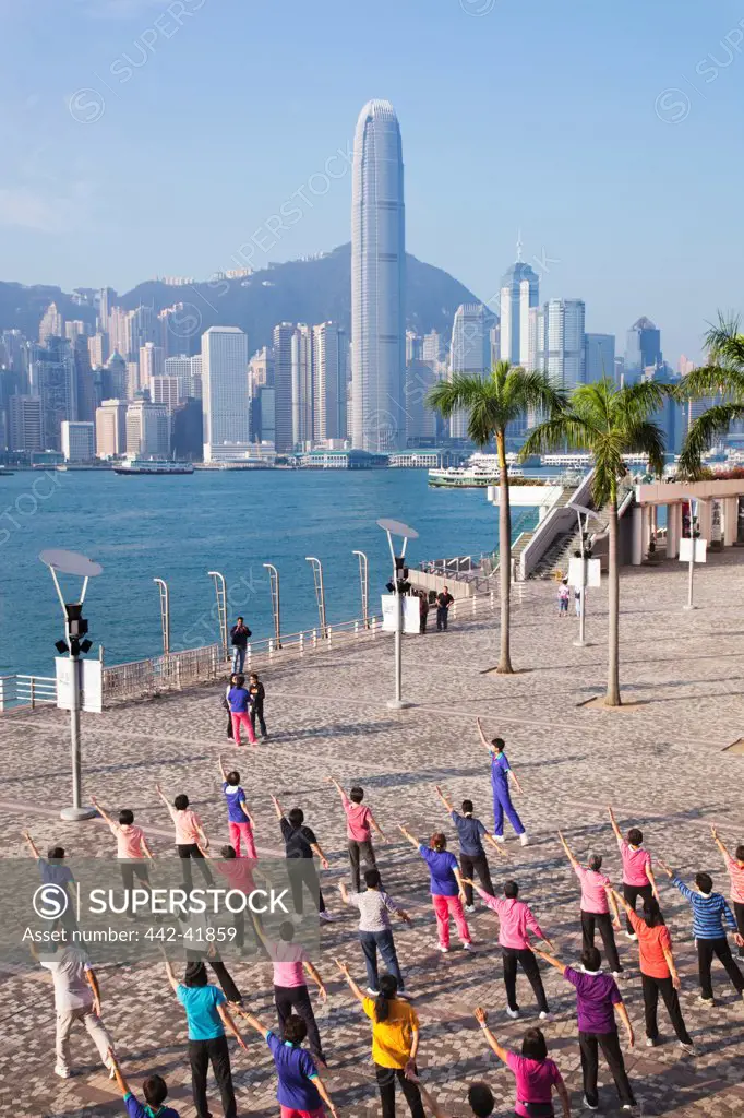 China, Hong Kong, Central District, People Exercising and City Skyline