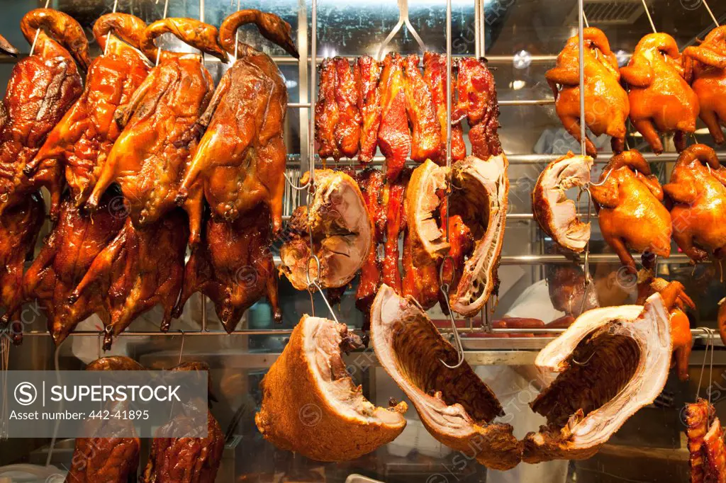 China, Hong Kong, Butchers Shop Display of Cooked Meats