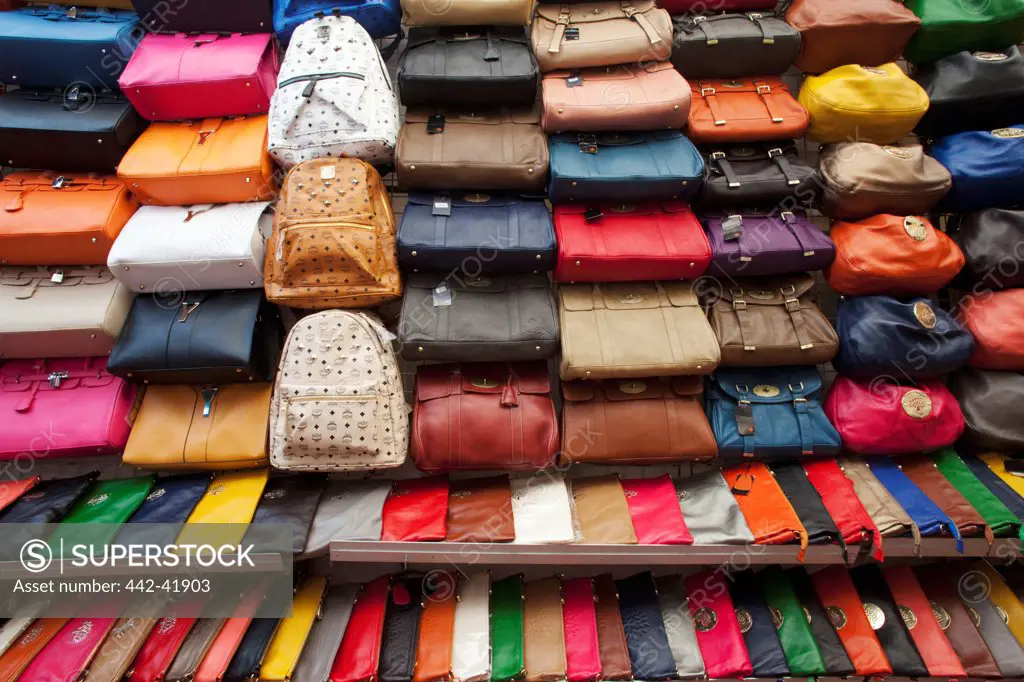 China, Hong Kong, Kowloon, Mong Kok, Ladies Market, Display of Leather Handbags and Purses