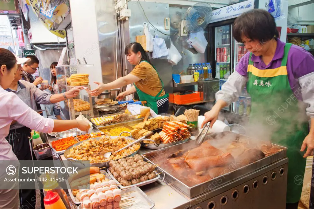 China, Hong Kong, Kowloon, Mong Kok, Street Stall Selling Tofu Based Fast Food