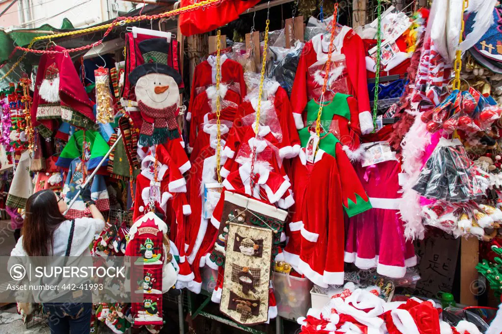 China, Hong Kong, Central District, Shop Display of Christmas Clothing and Decorations
