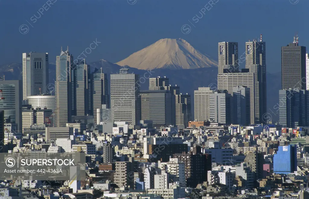 Buildings in a city with a mountain in the background, Mount Fuji, Tokyo, Japan