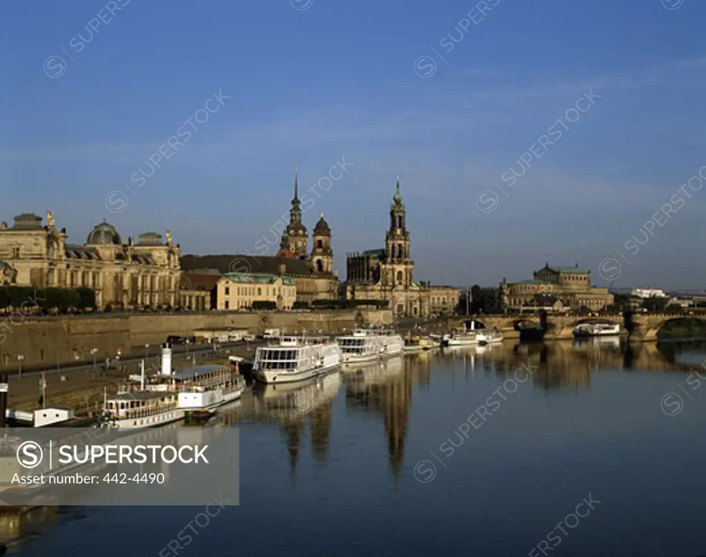 Tourboats at a dock, Elbe River, Dresden, Germany