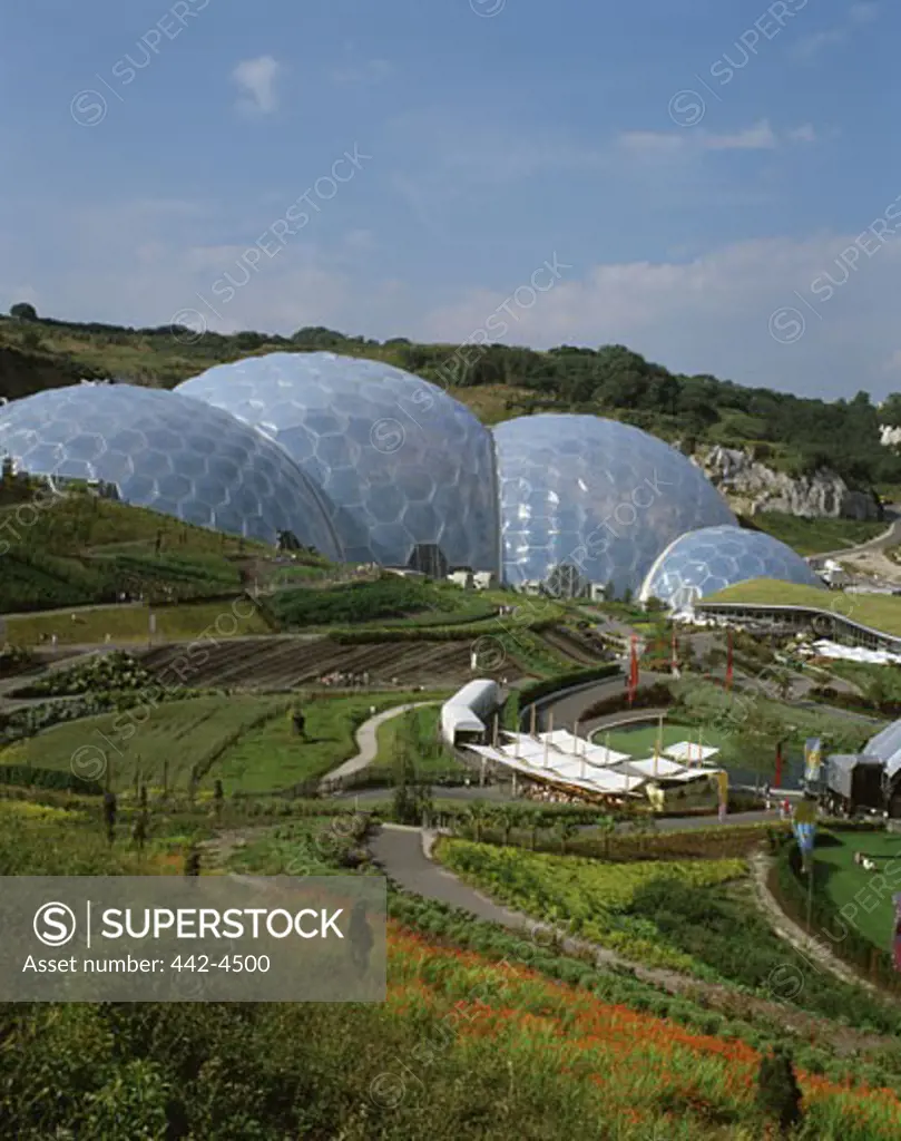 High angle view of geodesic domes, Eden Project, Cornwall, England