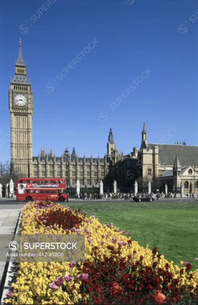 Low angle view of a government building, Big Ben, Houses of Parliament, London, England