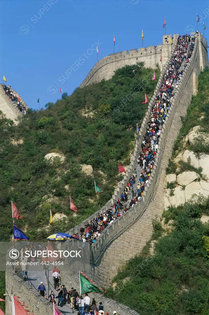 High angle view of tourists walking on a wall, Great Wall, Shuiguan, China