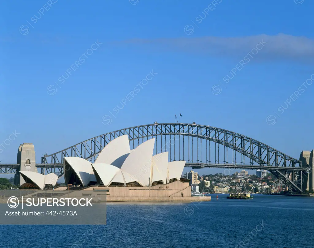 Opera house on the waterfront, Sydney Opera House, Sydney Harbor Bridge, Sydney, Australia