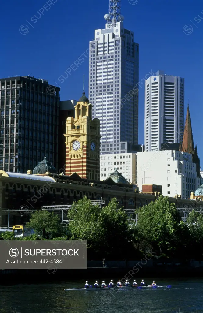 Low angle view of buildings in a city, Yarra River, Melbourne, Australia