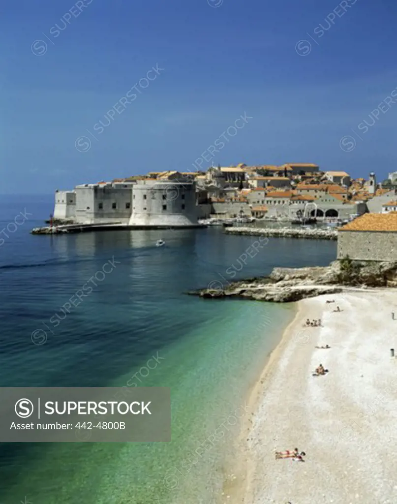 Aerial view of a group of people on the beach, Dubrovnik, Croatia