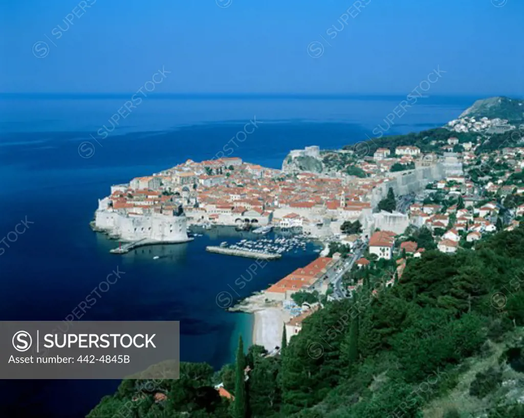 Aerial view of a city and a harbor, Dubrovnik, Croatia