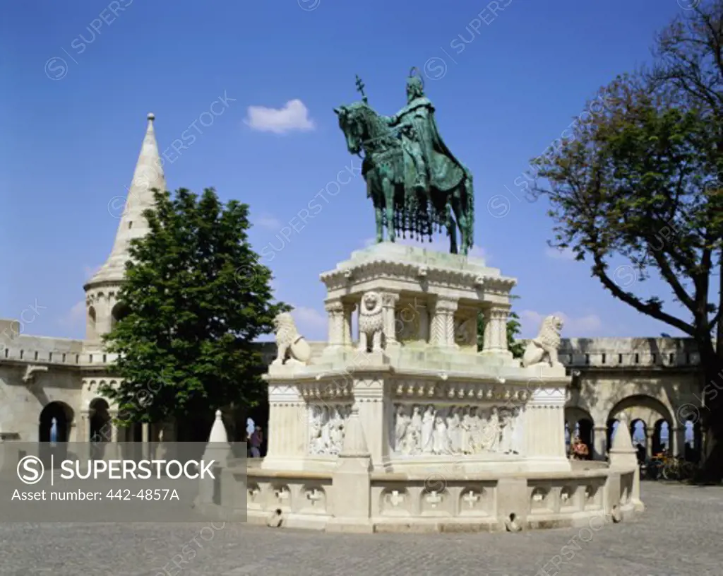 Low angle view of a statue, St. Stephen Statue, Fisherman's Bastion, Budapest, Hungary