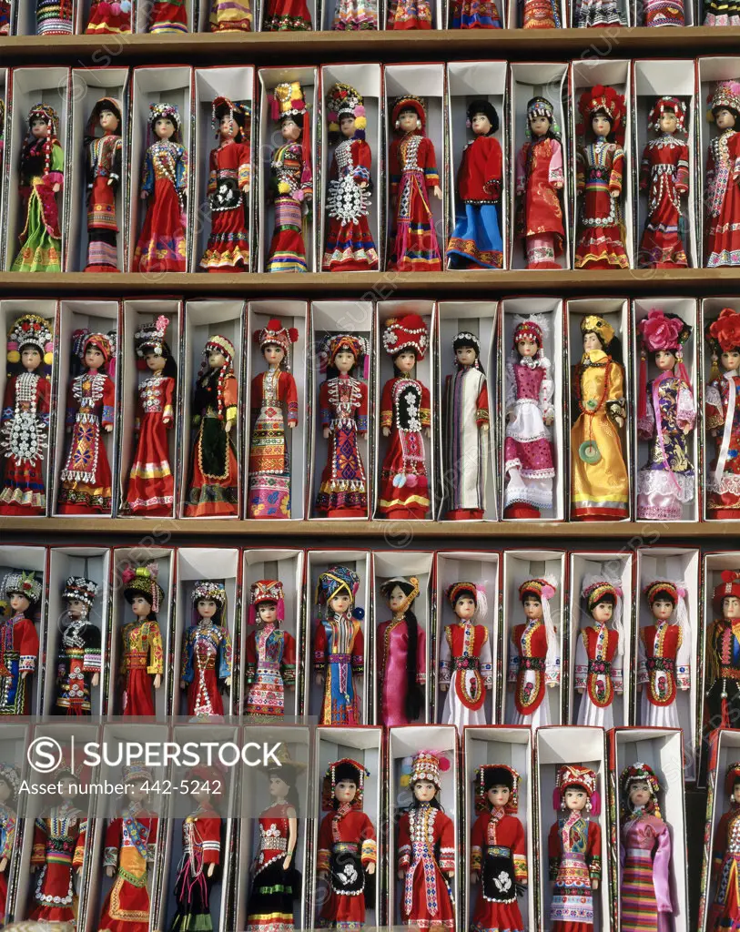 Close-up of dolls displayed in a store, Dali, China