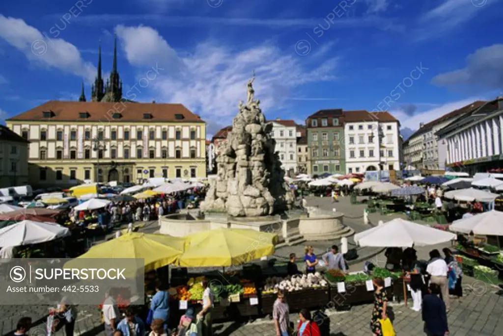 Open-air market around a fountain, Brno, Czech Republic
