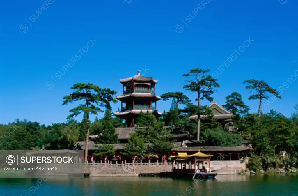 Temple on the waterfront, Jin Shan Pagoda, Chengde, China
