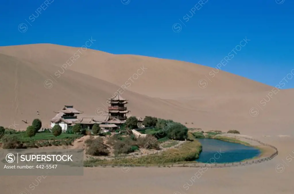 Pagoda in a desert, Crescent Moon Lake Pagoda, Dunhuang, China