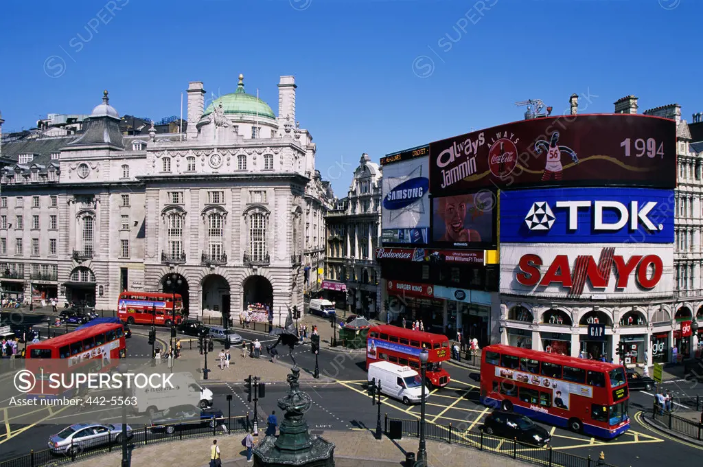 High angle view of traffic on a road, Piccadilly Circus, London, England