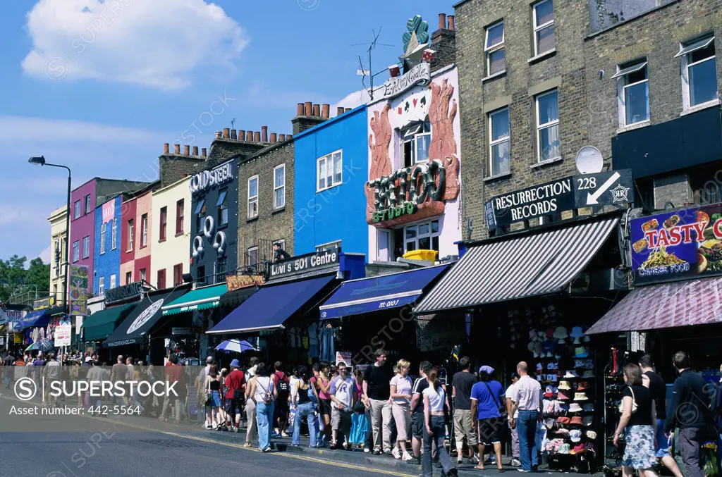 Street market along a road in a town, Camden, London, England
