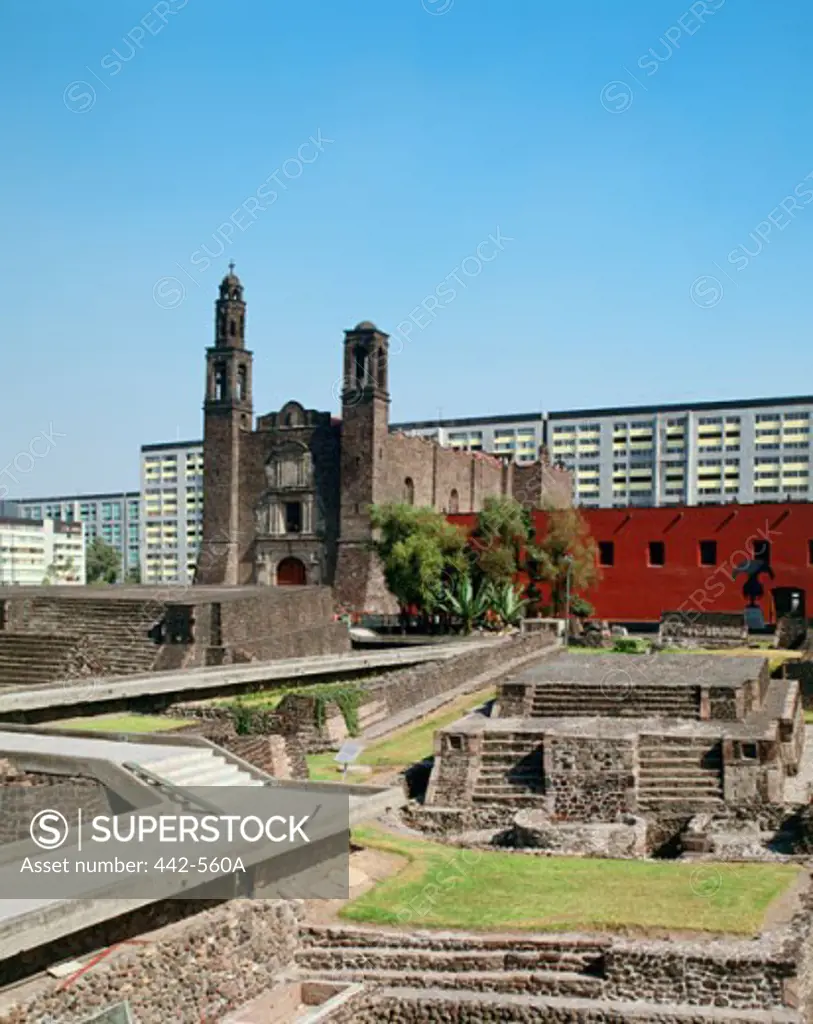 Facade of an ancient building, Aztec Temple of Tlatelolco and Church of Santiago, Plaza of the Three Cultures, Mexico City, Mexico