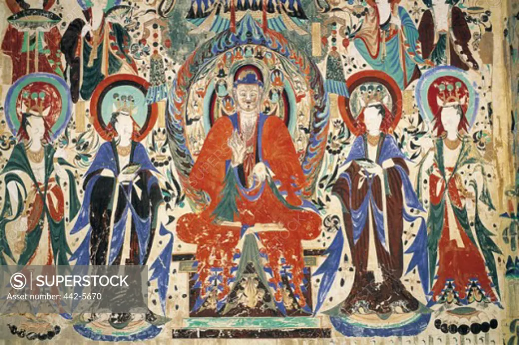 Paintings on a wall, Mogao Caves, Dunhuang, China