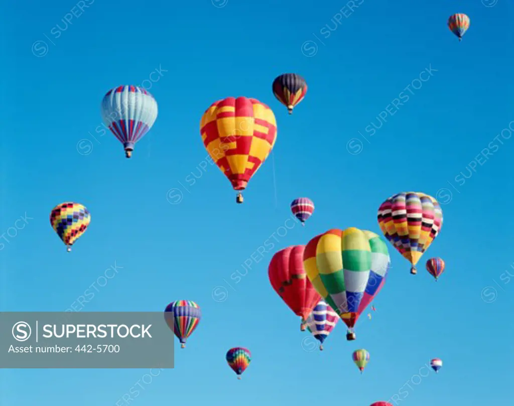 Low angle view of hot air balloons in the sky, Albuquerque, New Mexico, USA