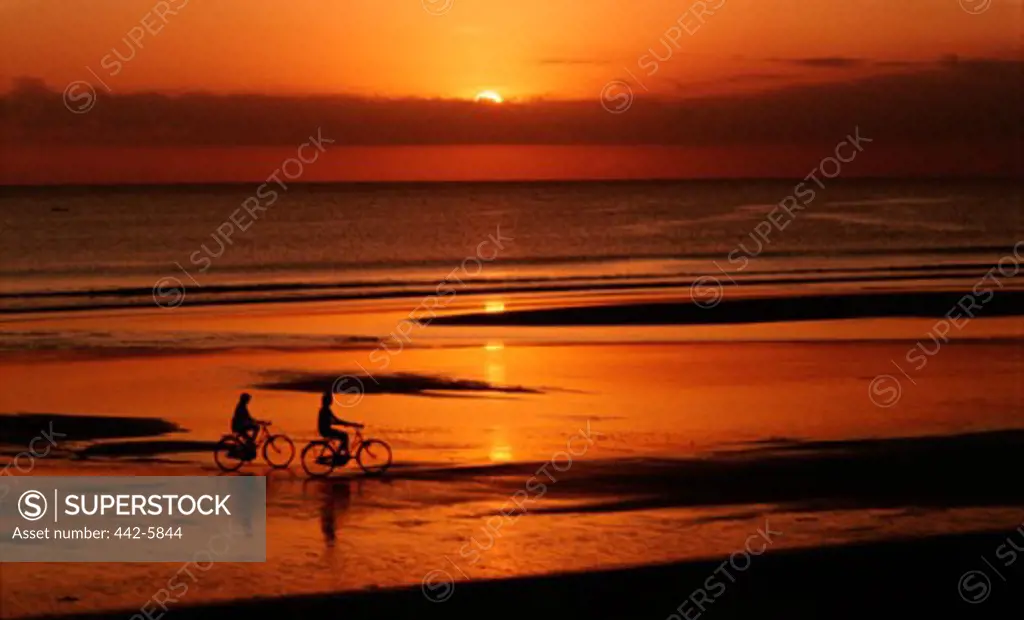 Silhouette of a young couple cycling on the beach