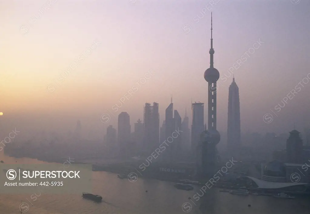 High angle view of the Huangpu River and the Oriental Pearl Tower, Pudong, Shanghai, China