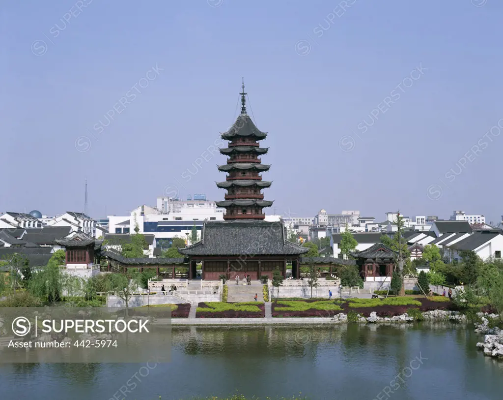 Building on the waterfront, Coiled Gate, Auspicious Light Pagoda, Suzhou, China