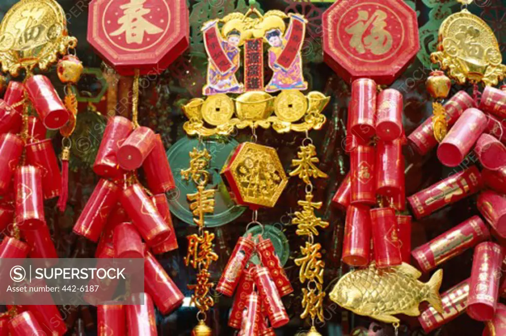 Close-up of Chinese New Year good luck decorations, Shanghai, China