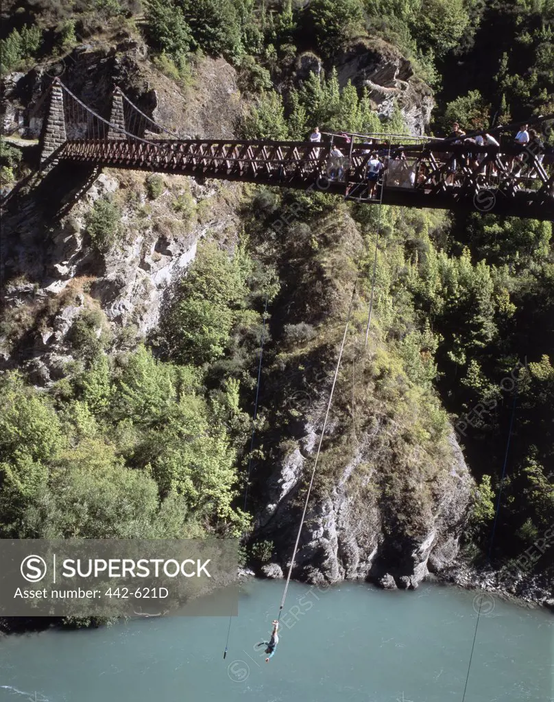 High angle view of a bungee jumper over a river, Queenstown, New Zealand