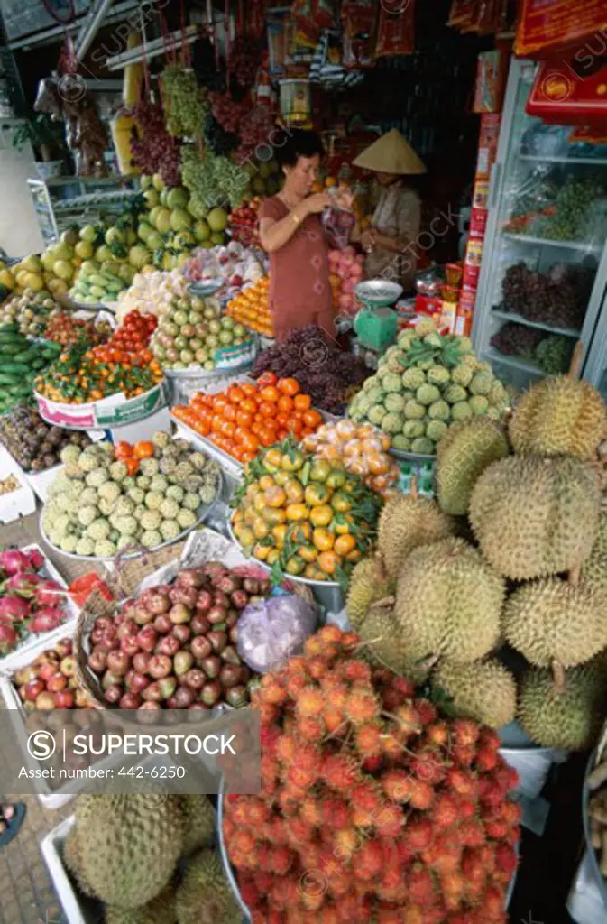 High angle view of fruit in a shop, Ben Thanh Market, Ho Chi Minh City, Vietnam